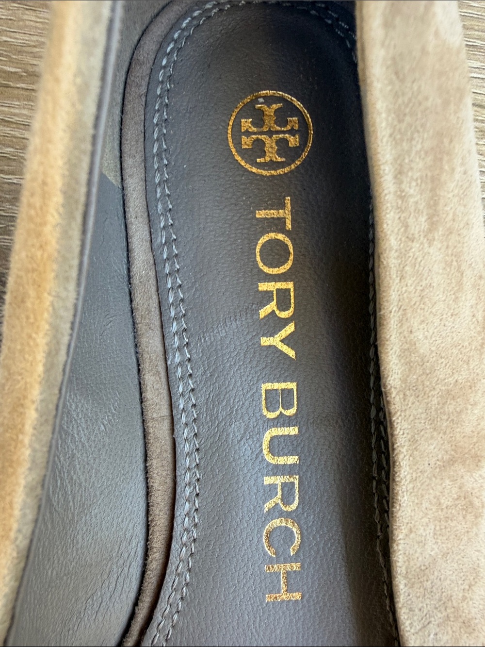 Tory Burch Georgia | Natural Tan Suede | Logo Square-Toe Flats - Picture 2 of 5